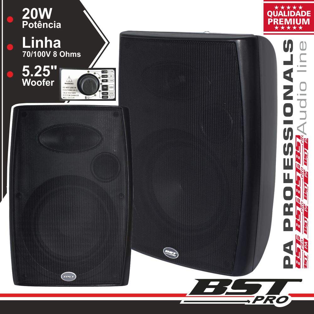 CONJUNTO 2 COLUNAS 8 OHM 100V 30W 5.25" PRETAS BSTPRO