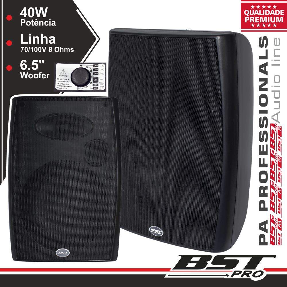 CONJUNTO 2 COLUNAS 8 OHM 100V 40W 6.5" PRETAS BSTPRO