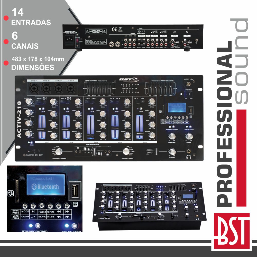 MESA DE MISTURA 6 CANAIS 14 ENTRADAS USB/BT/SD BST