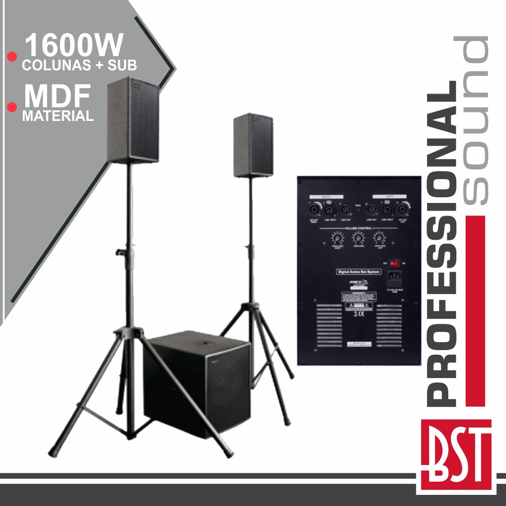CONJUNTO SOM BI-AMPLIFICADO PRO 2.1 1600Wmáx MDF BST
