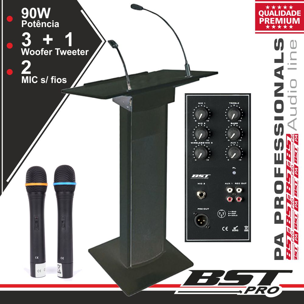 SISTEMA CONFERÊNCIA AMPLIFICADO 3 COLUNAS MIC LUZ 90W PRETO