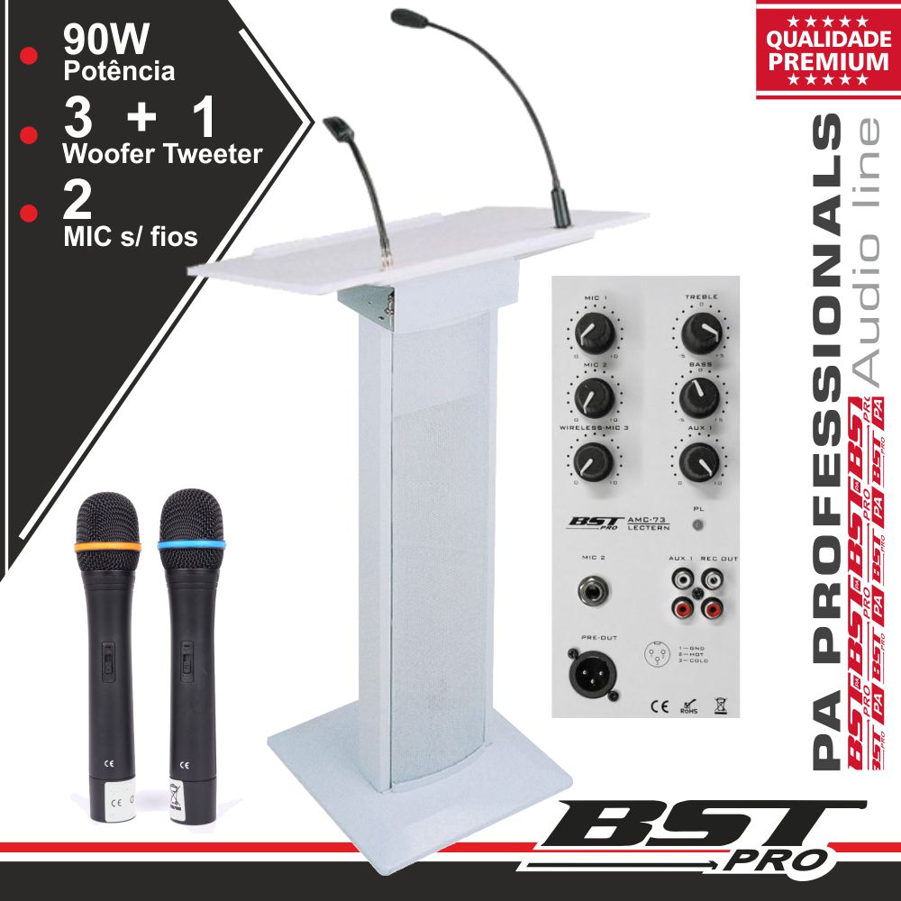 SISTEMA CONFERÊNCIA AMPLIFICADO 3 COLUNAS MIC LUZ 90W BRANCO