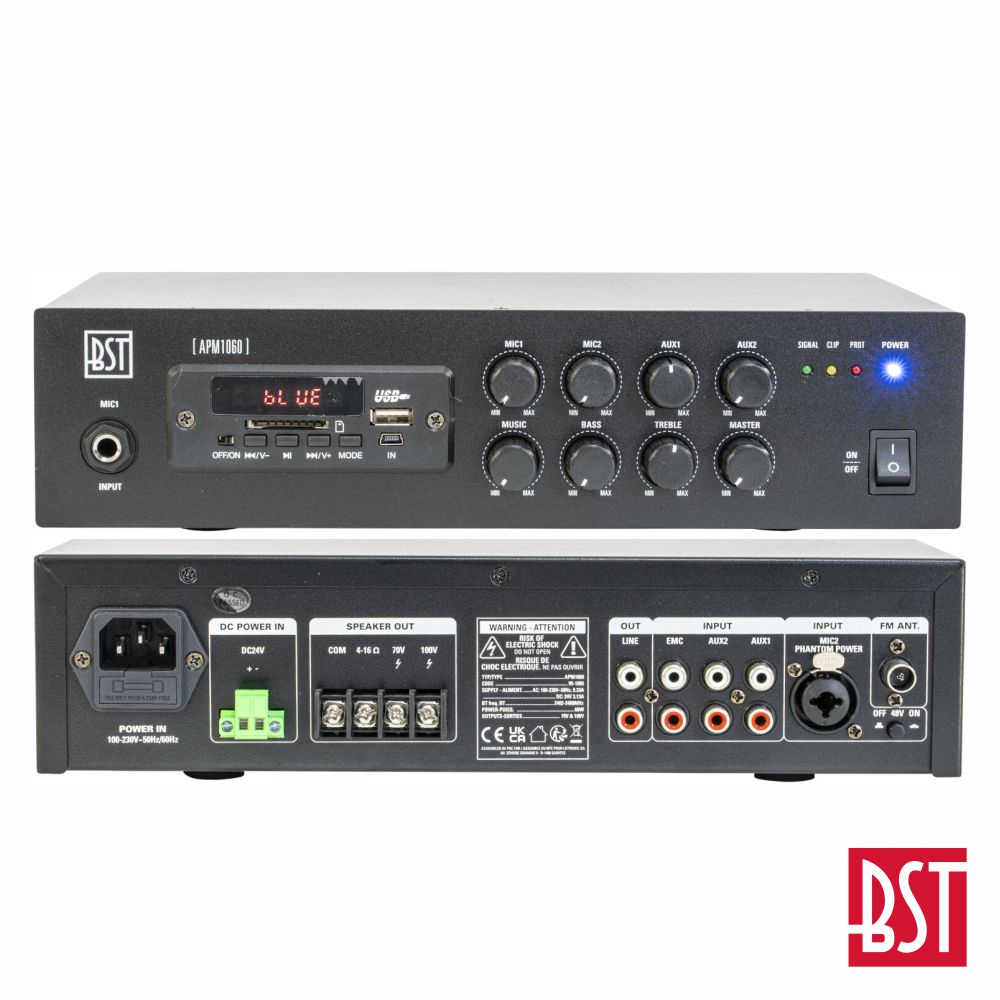 Amplificador Pa 24/230V 60W 100V USB/SD/FM/BT BST