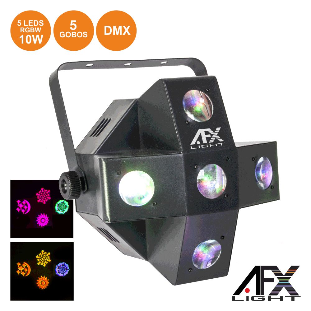 PROJETOR LUZ C/ 5 LEDS 10W RGBW + 5 GOBOS DMX MIC AFXLIGHT