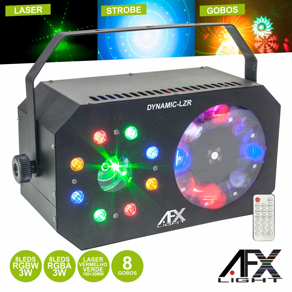 PROJETOR LUZ 8 LEDS 3W RGBW GOBO STROBE LASER AFXLIGHT