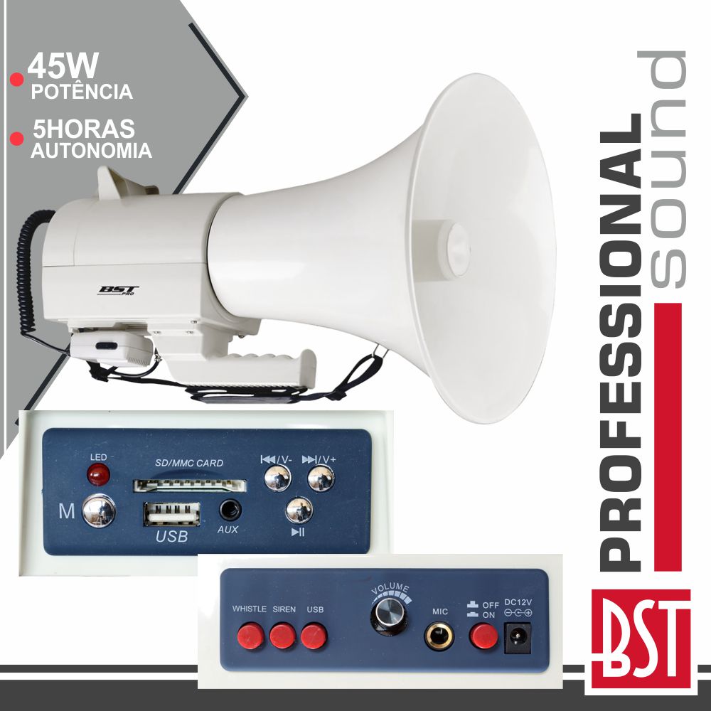 MEGAFONE 45W MIC REMOVÍVEL MP3 12V USB/SD 2 ALERTAS BSTPRO