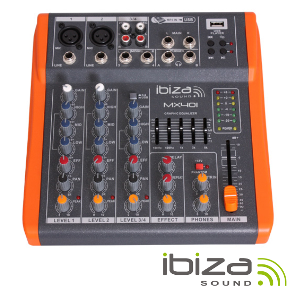 MESA DE MISTURA 4 CANAIS 3 ENTRADAS PHANTOM USB/REC IBIZA