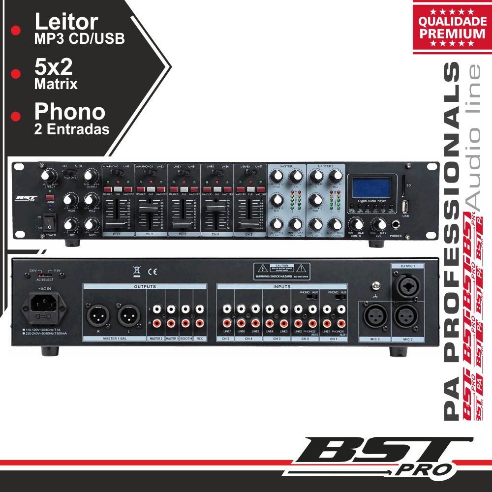 PRÉ-AMPLIFICADOR 19" 2U MATRIX 5X2 12 ENTRADAS CD/USB BSTPRO