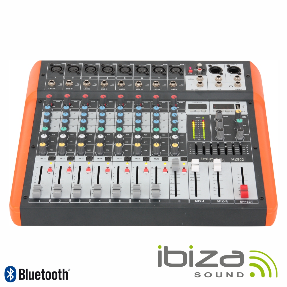 MESA DE MISTURA 8 CANAIS 6 ENTRADAS USB/BT/GRAVAÇÃO IBIZA