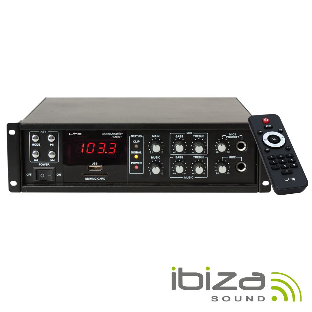 AMPLIFICADOR 4 CANAIS 100V/70V/8/4OHM 220V 80W USB/BT IBIZA