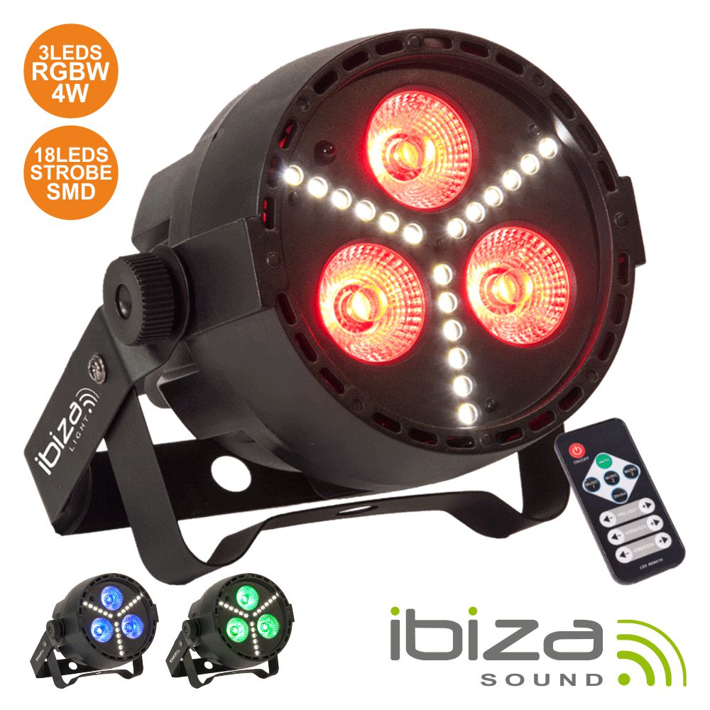 PROJETOR LUZ C/ 3 LEDS RGBW E 18 LEDS STROBE DMX IBIZA
