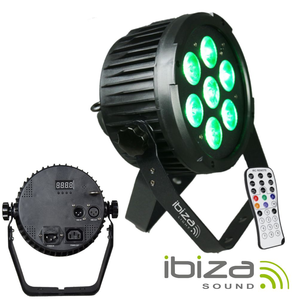 Projetor Luz C/ 7 LEDS RGBWA-UV DMX Comando IBIZA