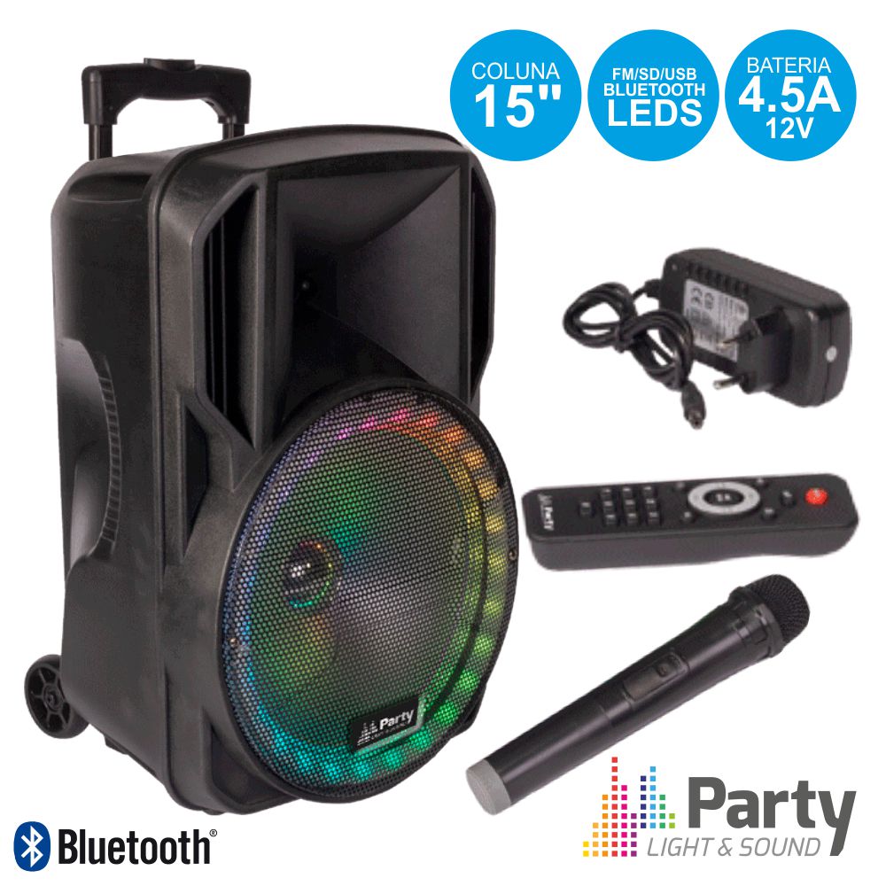 COLUNA AMPLIFICADA 15" USB/FM/BT/SD/BAT VHF PRETA 800W PARTY