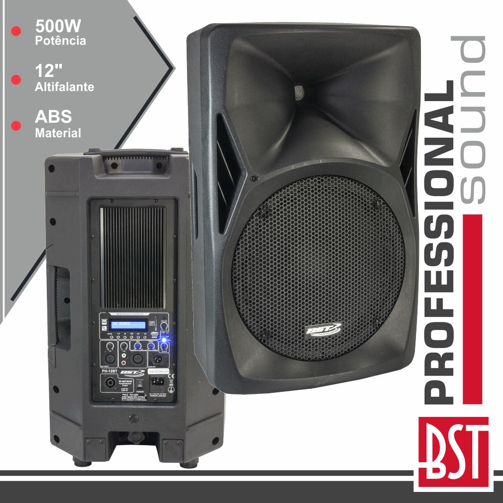 COLUNA BI-AMPLIFICADA PRO 12" 500W MP3 USB/FM/SD/BT ABS BST