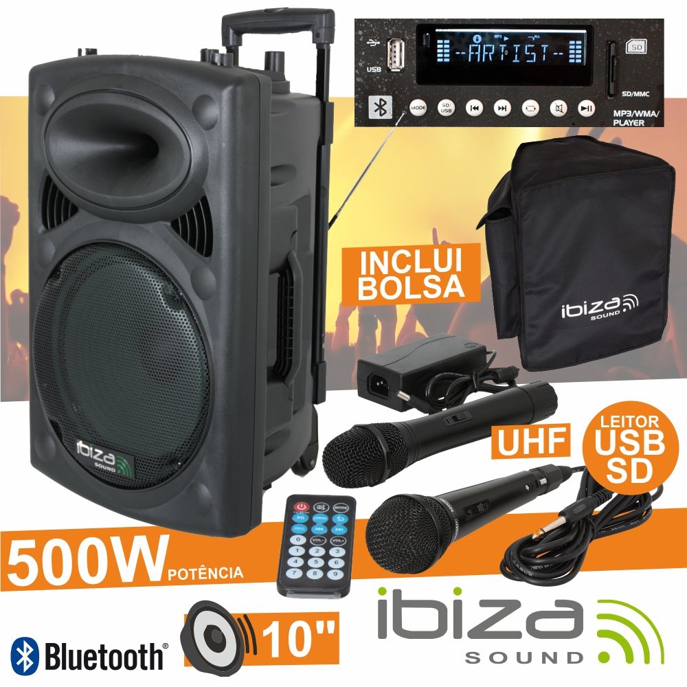 COLUNA AMPLIFICADA 10" 500W USB/BT/SD/BAT UHF PRETA IBIZA