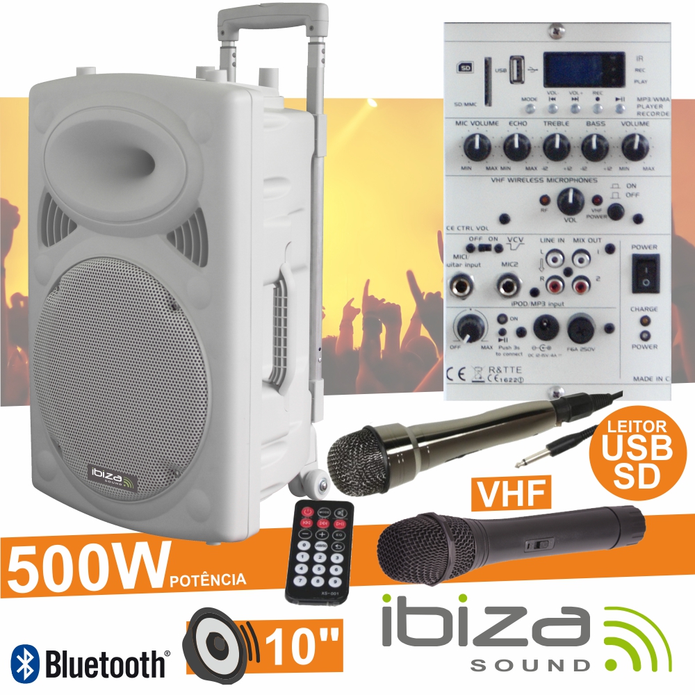 COLUNA AMPLIFICADA 10" 500W USB/BT/SD/BAT VHF BRANCO IBIZA