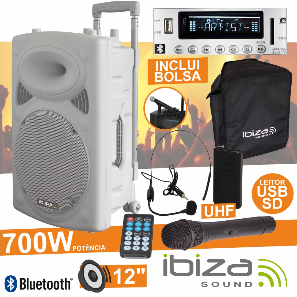 COLUNA AMPLIFICADA 12" 700W USB/BT/SD/BAT UHF BRANCO IBIZA
