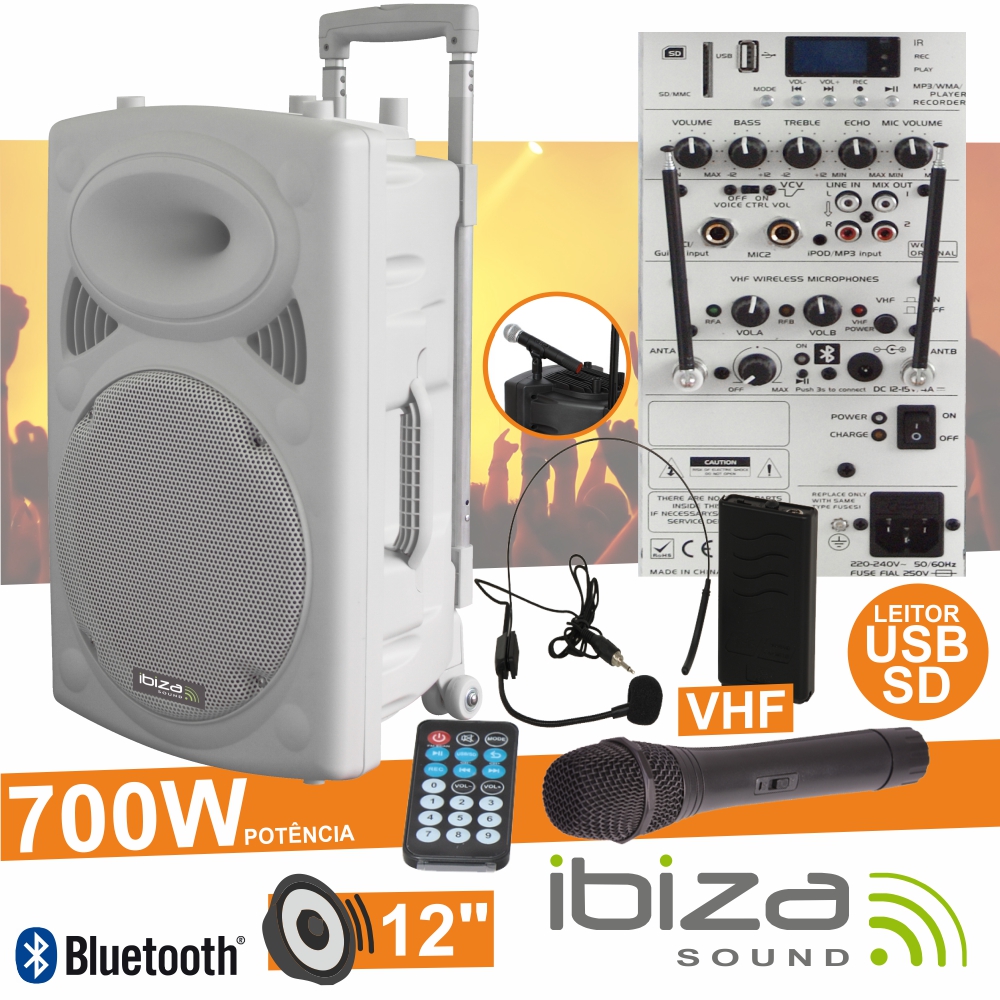 COLUNA AMPLIFICADA 12" 700W USB/BT/SD/BAT VHF BRANCO IBIZA