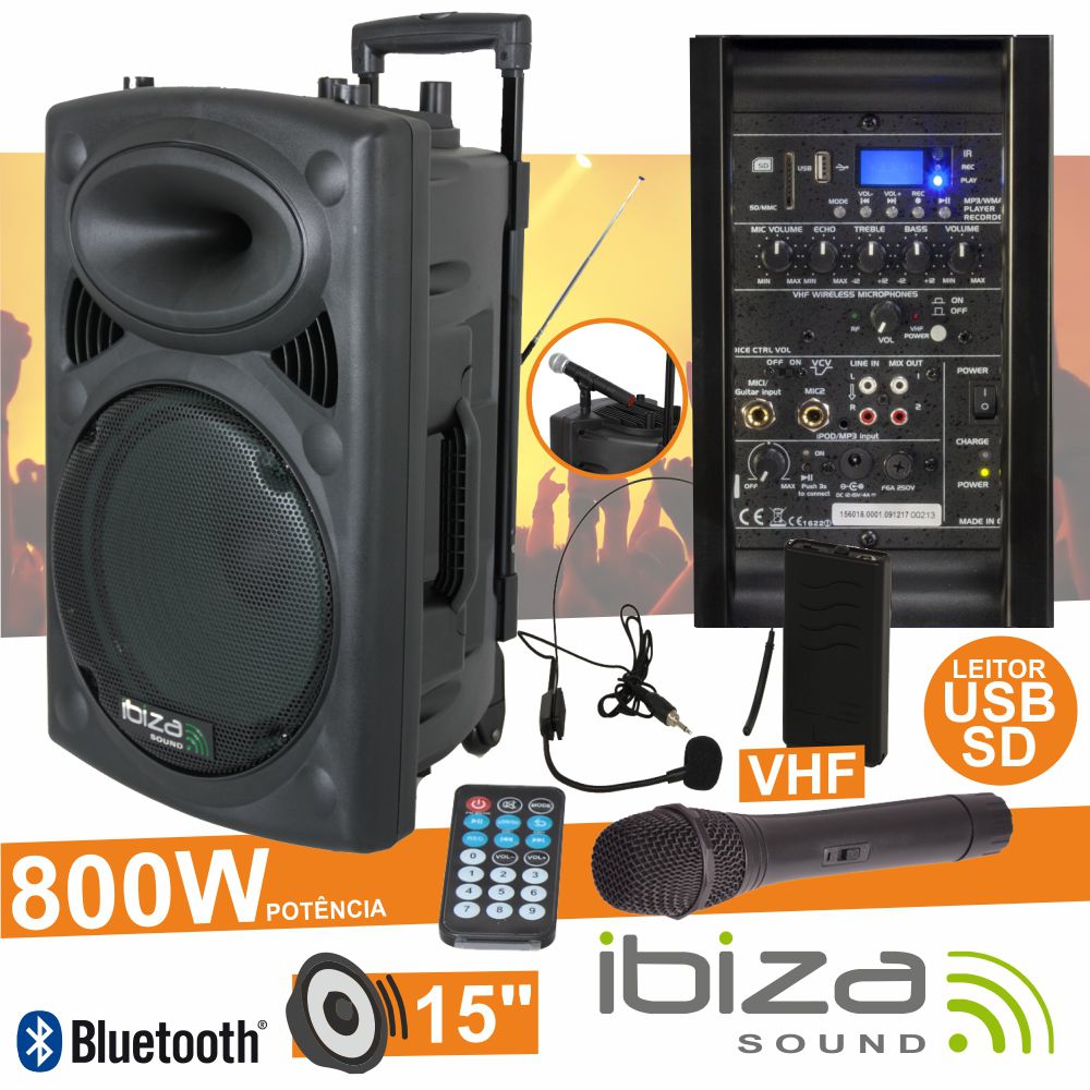 COLUNA AMPLIFICADA 15" 800W USB/BT/SD/BAT VHF PRETA IBIZA