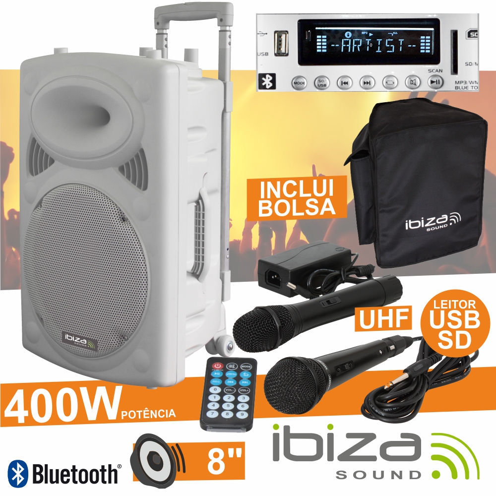 COLUNA AMPLIFICADA 8" 400W USB/BT/SD/BAT UHF BRANCO IBIZA