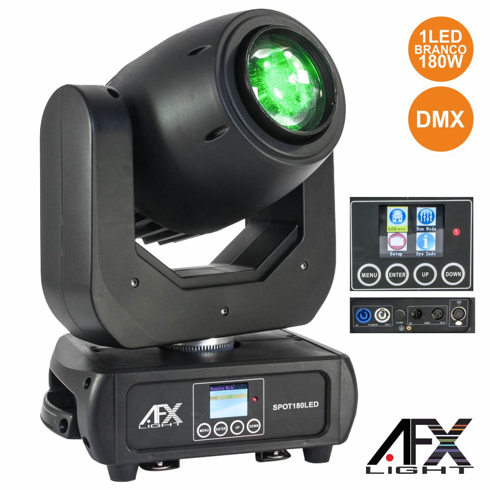 MOVING HEAD SPOT 1 LED 180W BRANCO 3 RODAS GOBO DMX AFXLIGHT