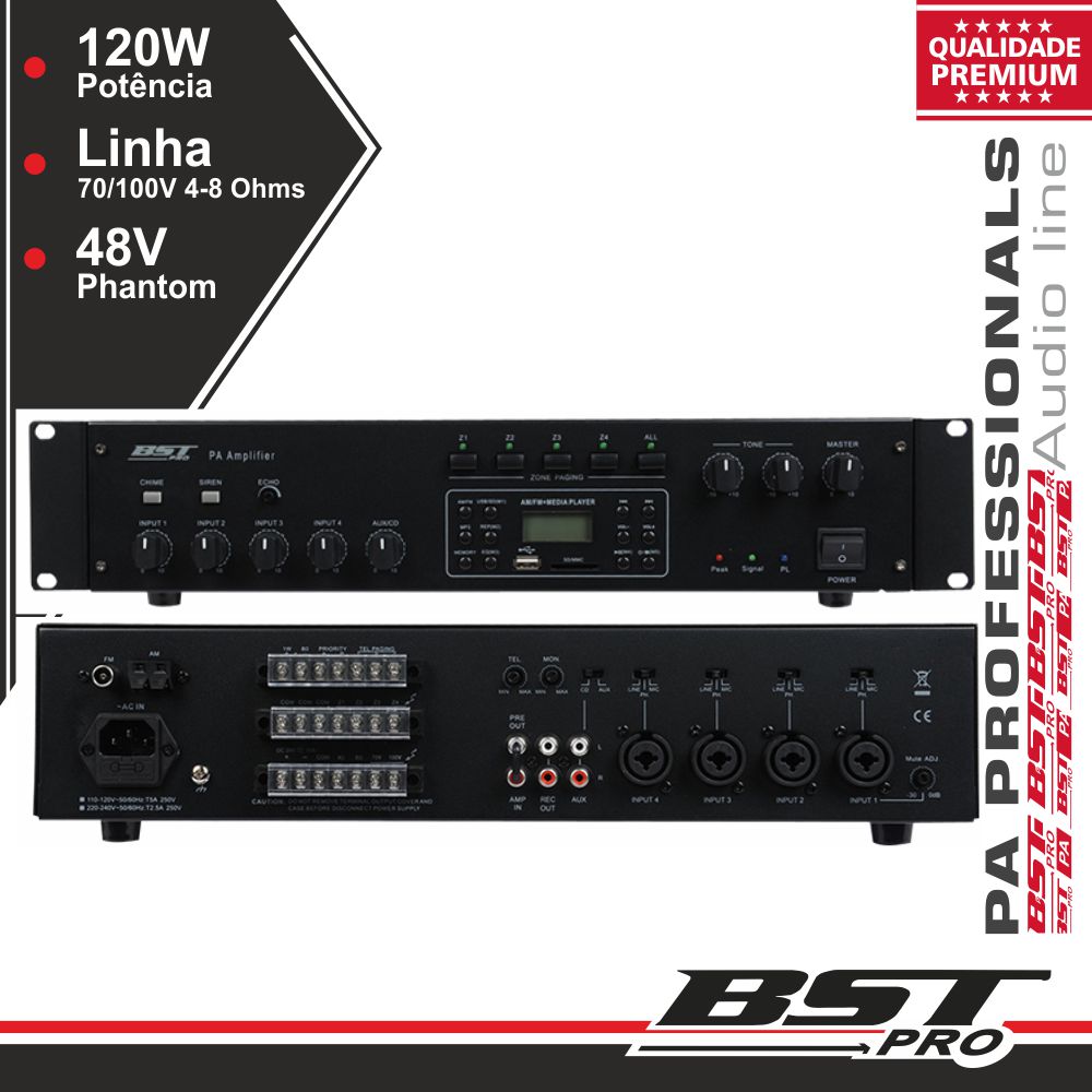 AMPLIFICADOR 19" 4 ZONAS PA 120W USB/SD/AM/FM BSTPRO