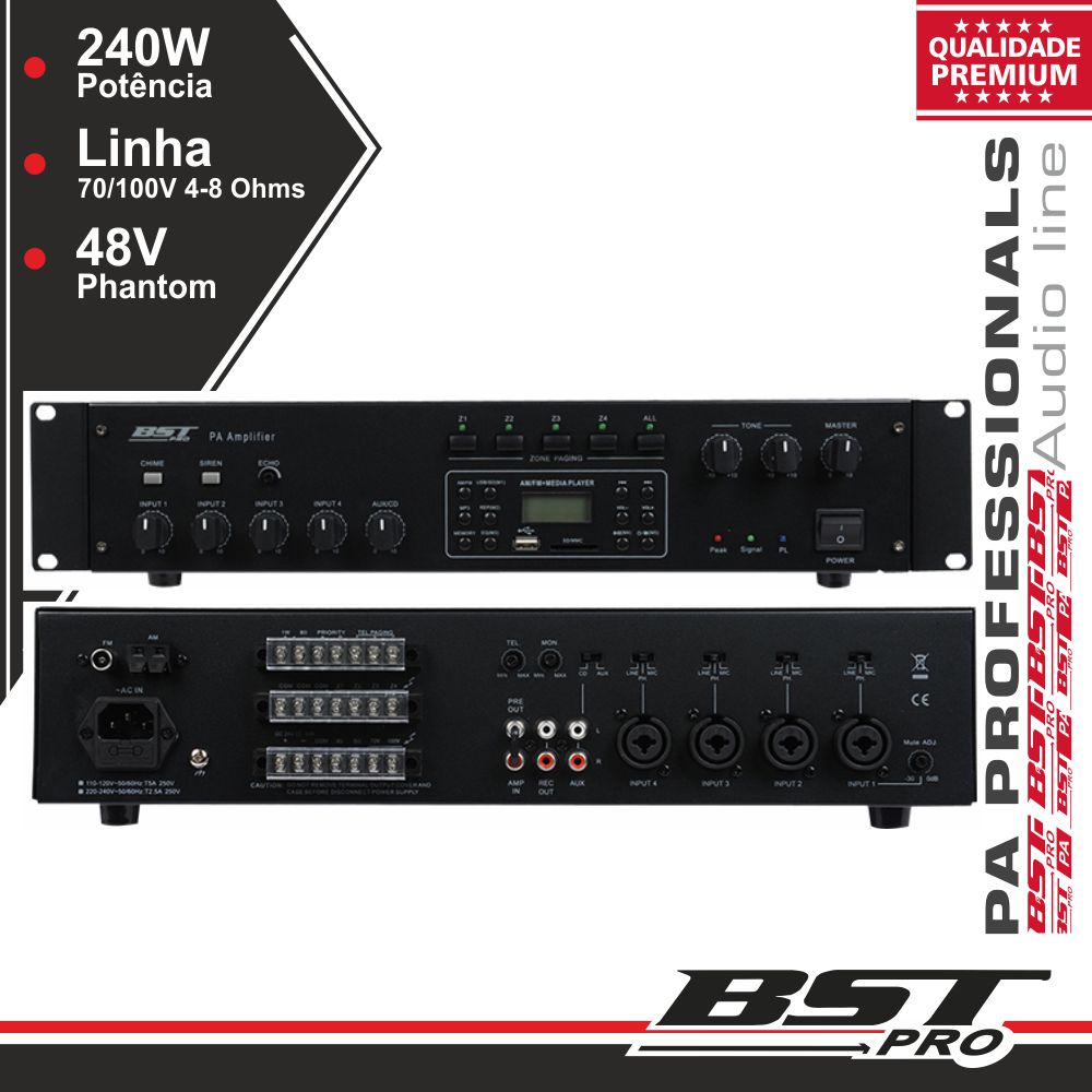 AMPLIFICADOR PA PHANTOM 24V 240W 4 ZONAS USB/SD/AM/FM BSTPRO
