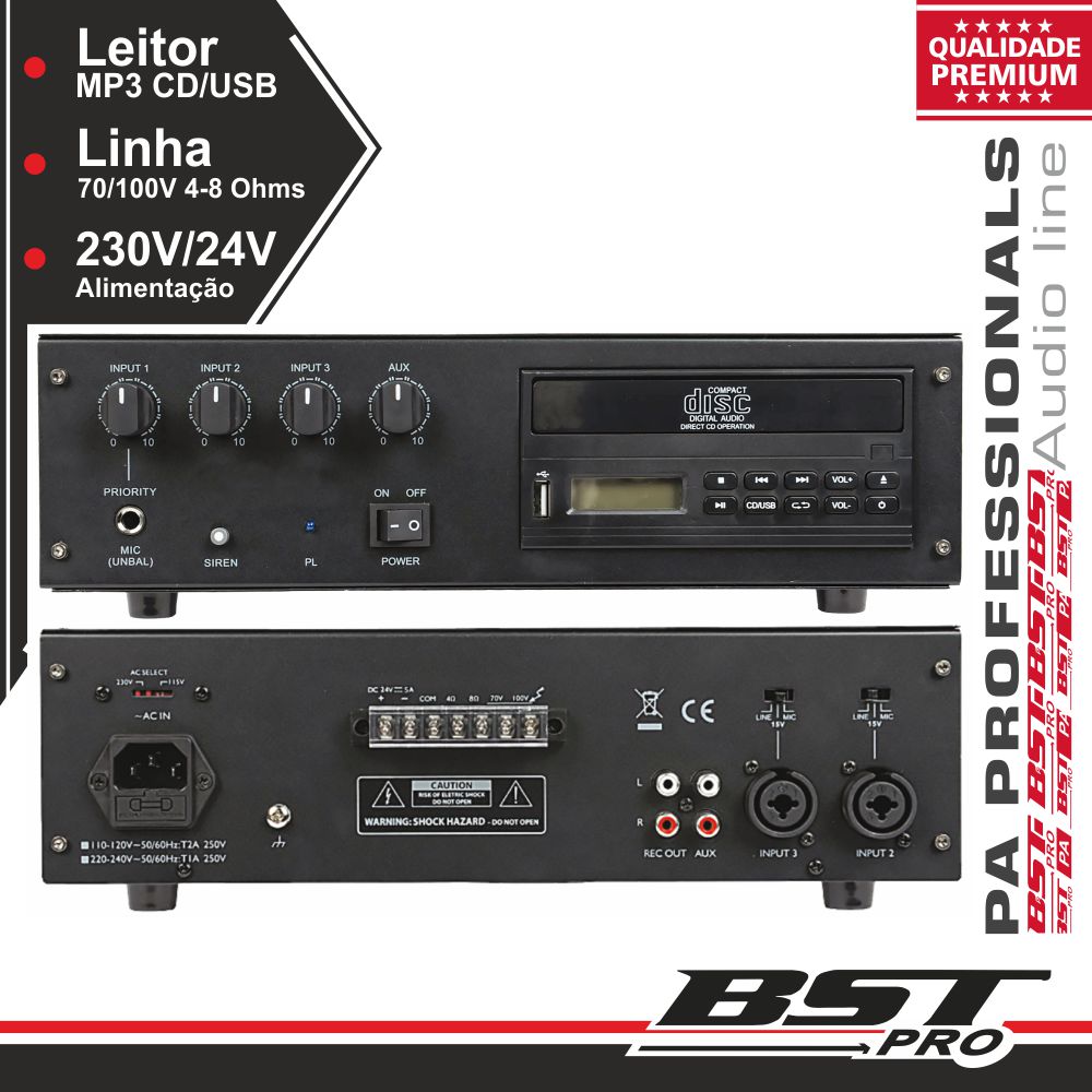 AMPLIFICADOR PA 100V LEITOR CD/USB PHANTOM 30W BSTPRO