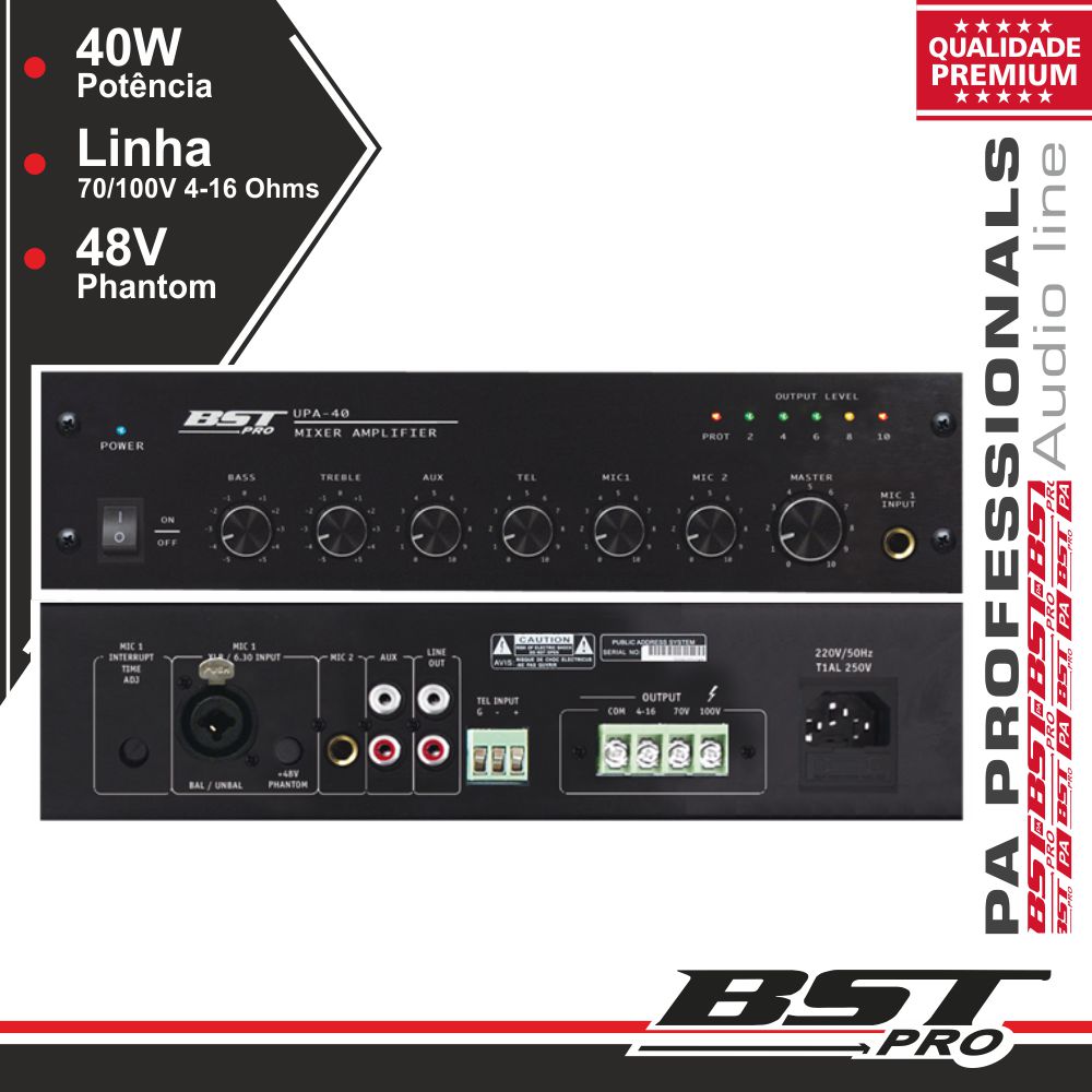 AMPLIFICADOR PA PHANTOM 40W 4 ENTRADAS BSTPRO