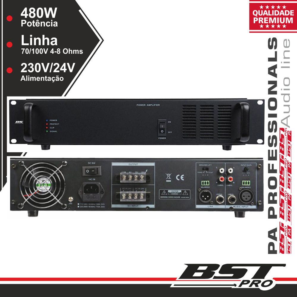 AMPLIFICADOR 19" 2U 1 CANAL PA 100V 230/24V 480W BSTPRO