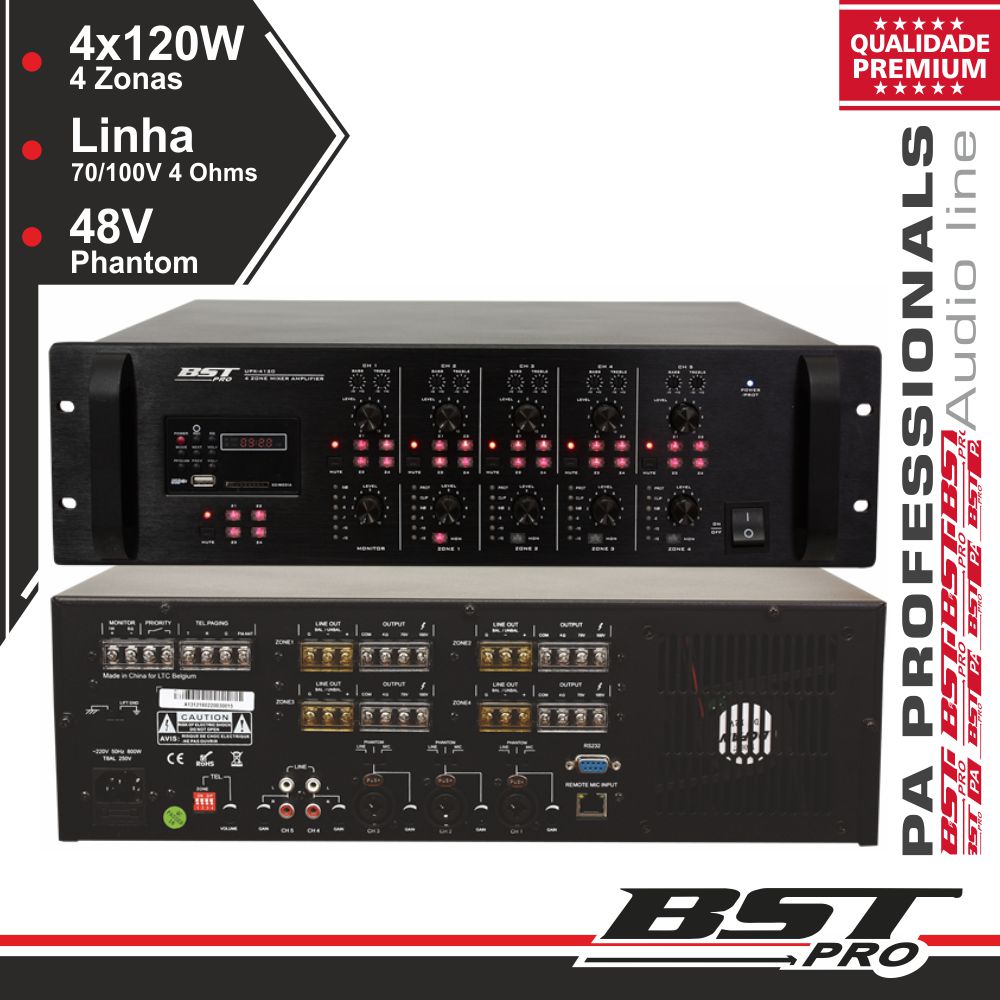 AMPLIFICADOR 19" 4 ZONAS PA 100V 5 CANAIS 4X120W MP3 USB/S