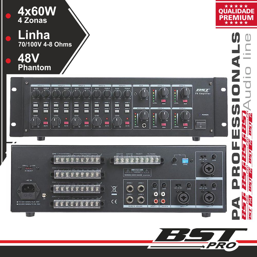 AMPLIFICADOR 19" 4 ZONAS PA 100V 5 CANAIS 4X60W MP3 USB/SD