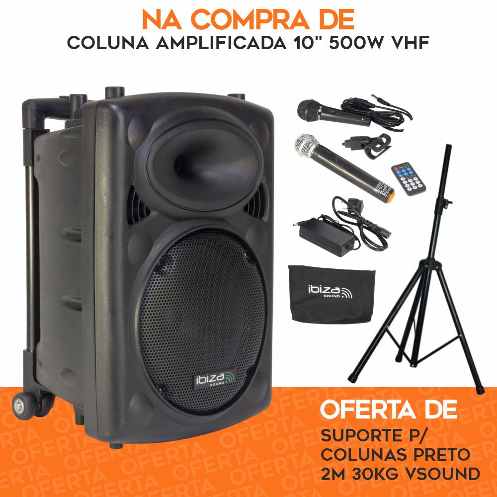 PACK Coluna Amplificada 10" 500W VHF C/ OFERTA Suporte IBIZA