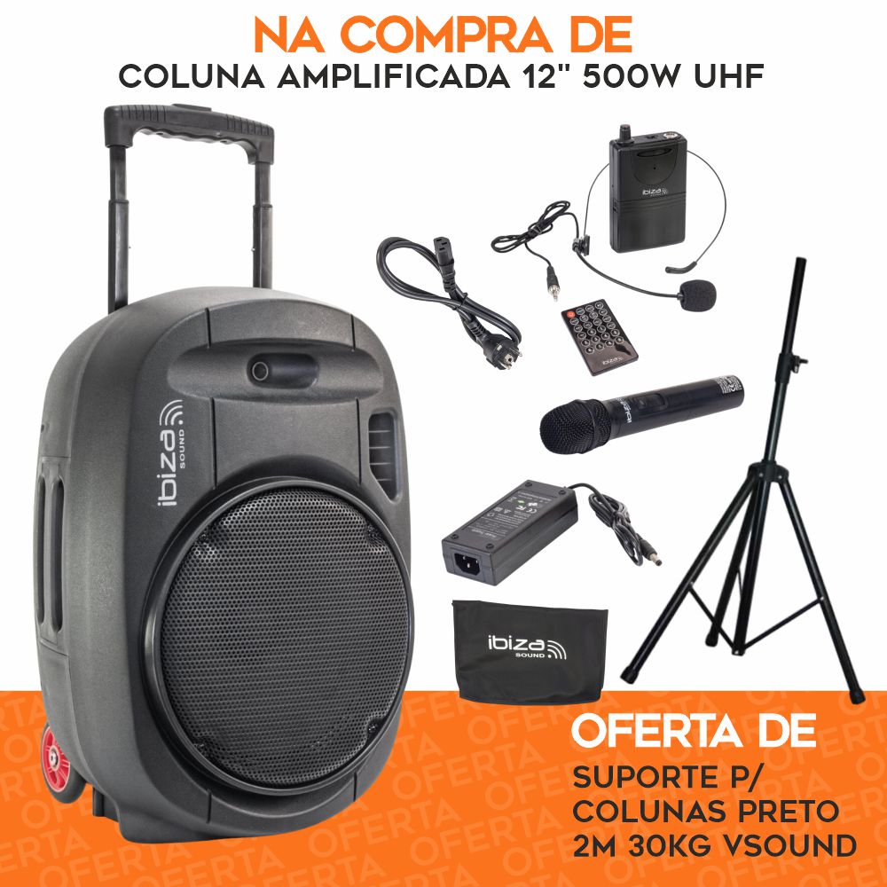 PACK Coluna Amplificada 12" 700W UHF C/ OFERTA Suporte IBIZA