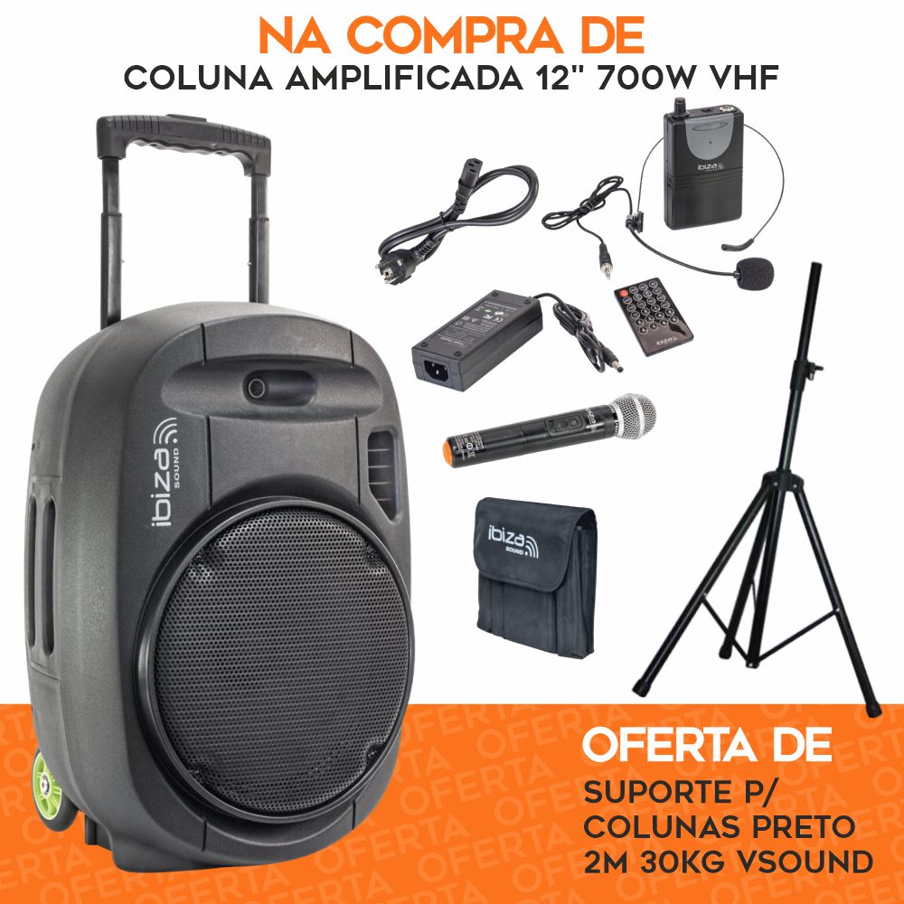 PACK Coluna Amplificada 12" 700W VHF C/ OFERTA Suporte IBIZA