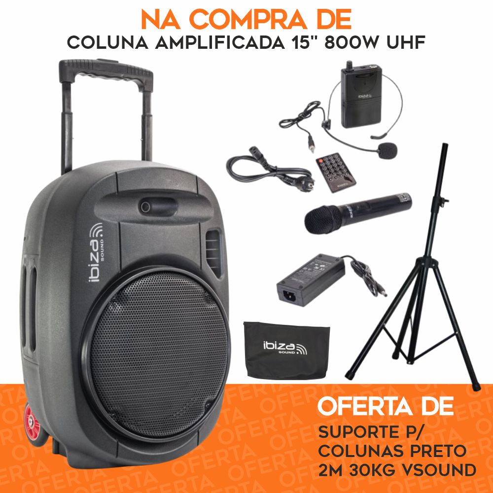 PACK Coluna Amplificada 15" 800W UHF C/ OFERTA Suporte IBIZA