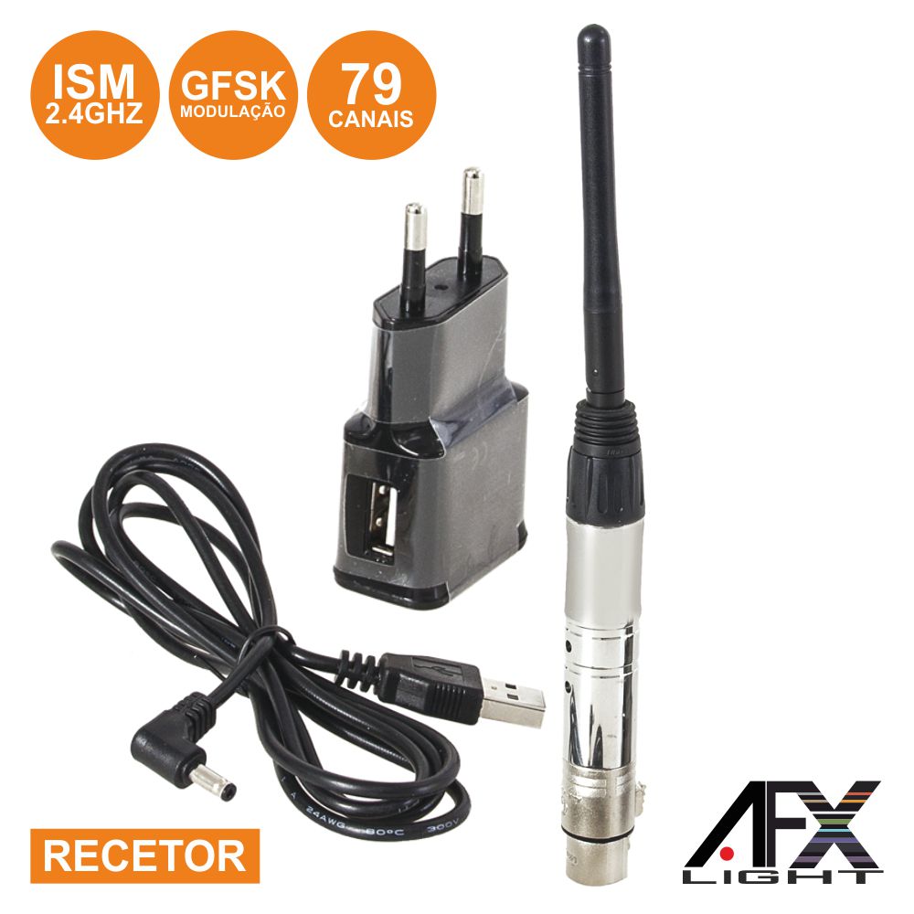 RECETOR DMX S/ FIOS 2.4GHZ 79 CANAIS XLR GFSK AFXLIGHT