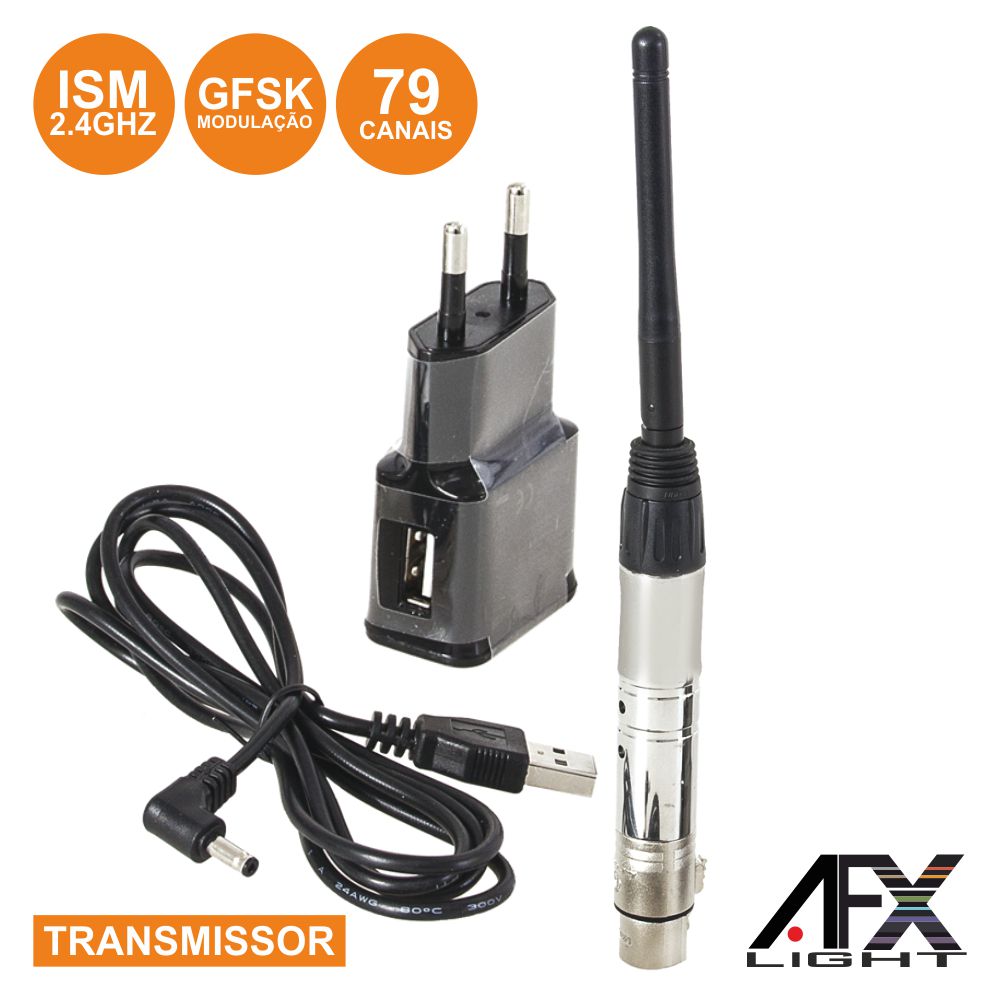 TRANSMISSOR DMX S/ FIOS 2.4GHZ 79 CANAIS XLR GFSK AFXLIGHT